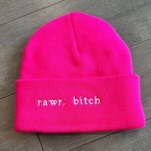 Pink Beanie with Embroidered Text